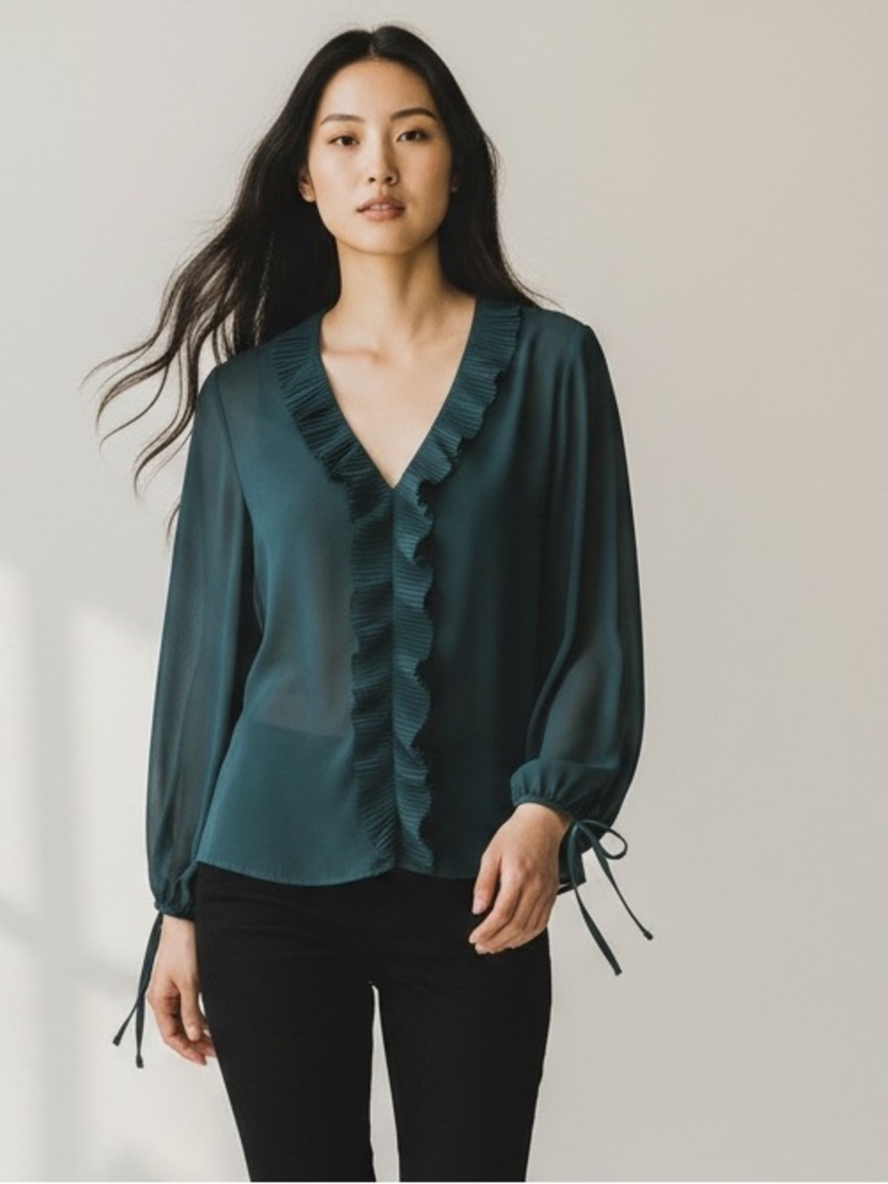 Zara Teal Blue Crepe Blouse with ruffle detail - Size XS (Oversized) Turkey - Picture 1 of 6